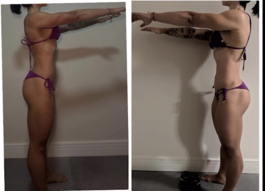 Aluna do Combustível Diário de perfil: à esquerda o registro anterior, à direita o atual, com os braços estendidos à frente na mesma pose.